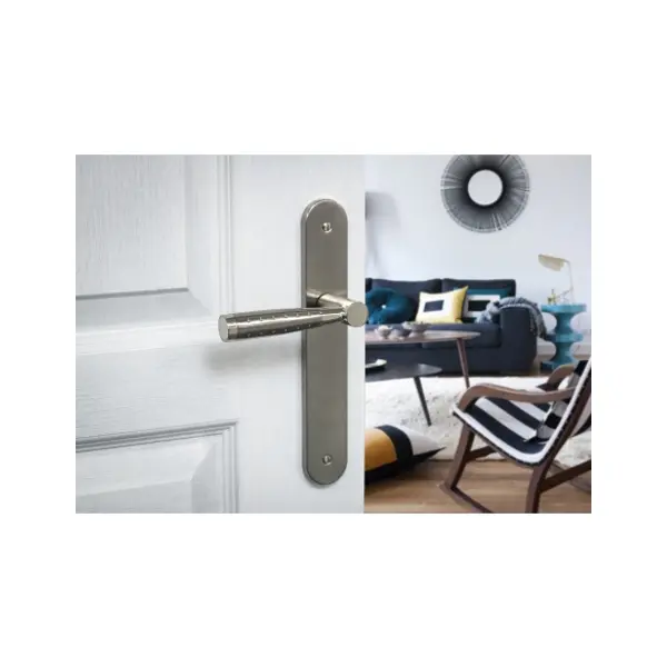Ensemble de poignées pour porte intérieure Helios sans trou, carré 7mm, entr'axes 195mm, nickelé brossé - THIRARD