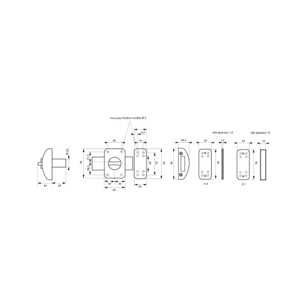 Verrou à bouton Design 5 pour porte d'entrée, cylindre 45mm, acier, 3 clés, argent - THIRARD