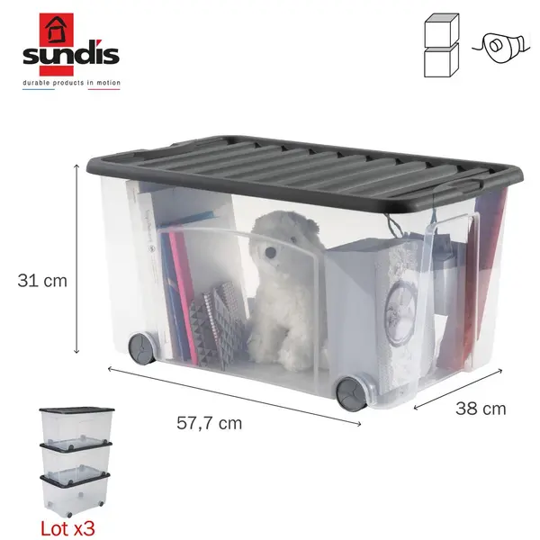 Lot de 3 bacs SUNDIS polypropylene transparent l.38 x H.31 cm, 50 l - SUNDIS