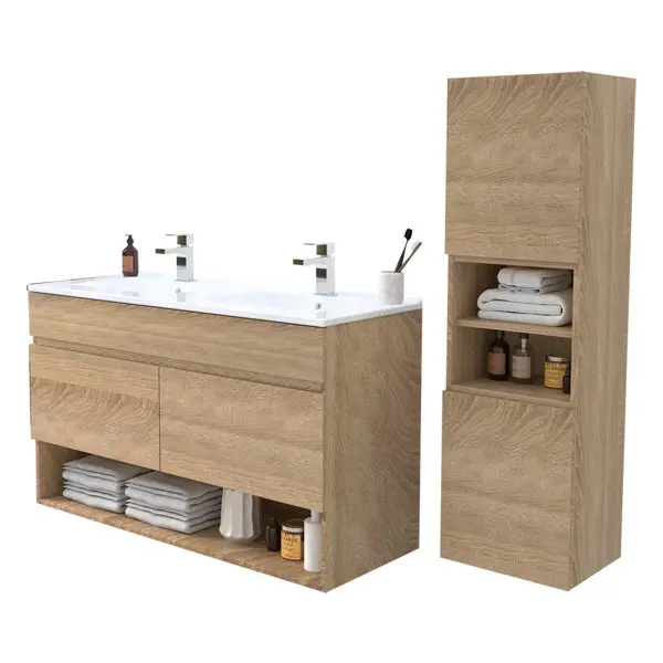 Ensemble meuble suspendu + double vasque + miroir + appliques Led - 120 cm "Alba"