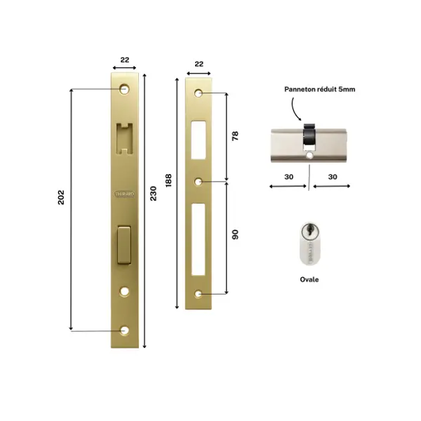 Serrure encastrable pour porte d'entrée avec cylindre en 30x30mm, axe 14mm, 3 clés - THIRARD