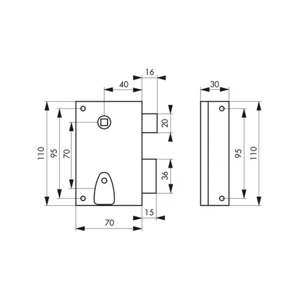 Serrure verticale en applique à clé à fouillot pour porte int., droite, carré 7mm, axe 40mm, 110x70mm, noir, 1 clé - THIRARD