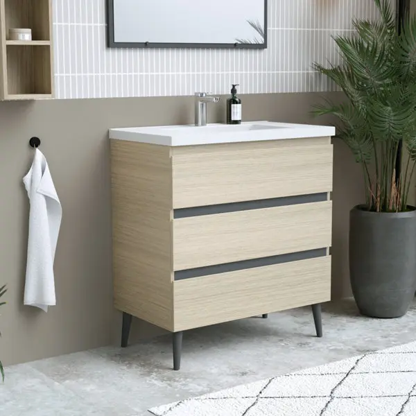 Meuble sous vasque a poser decor bois clair/gris "style" l.80 x h.86 x p.45 cm