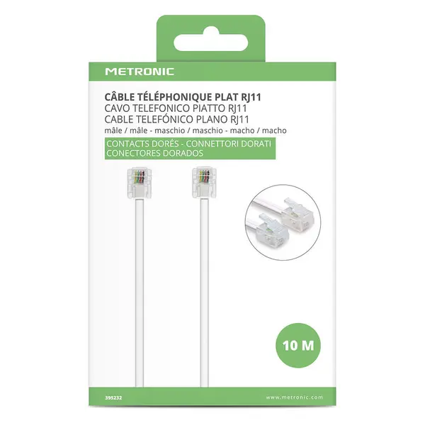 Câble téléphonique RJ11 pour modem, contacts dorés 10 m - Metronic