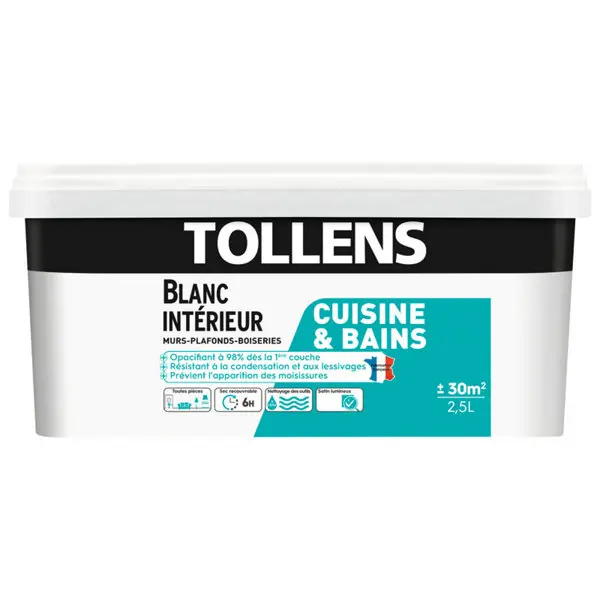 Peinture monocouche murs, plafonds et boiseries cuisine et salle de bains satin blanc 2.5 L