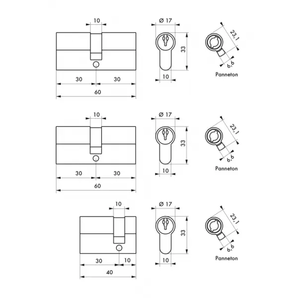 Lot de 2 cylindres double entrée STD 30x30mm et d'un cylindre 30x10mm, s'entrouvrant, laiton,3 clés/cylindre - THIRARD