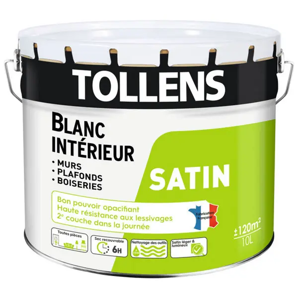 Peinture bicouche murs, plafonds et boiseries intérieure acrylique satin blanc 10 L